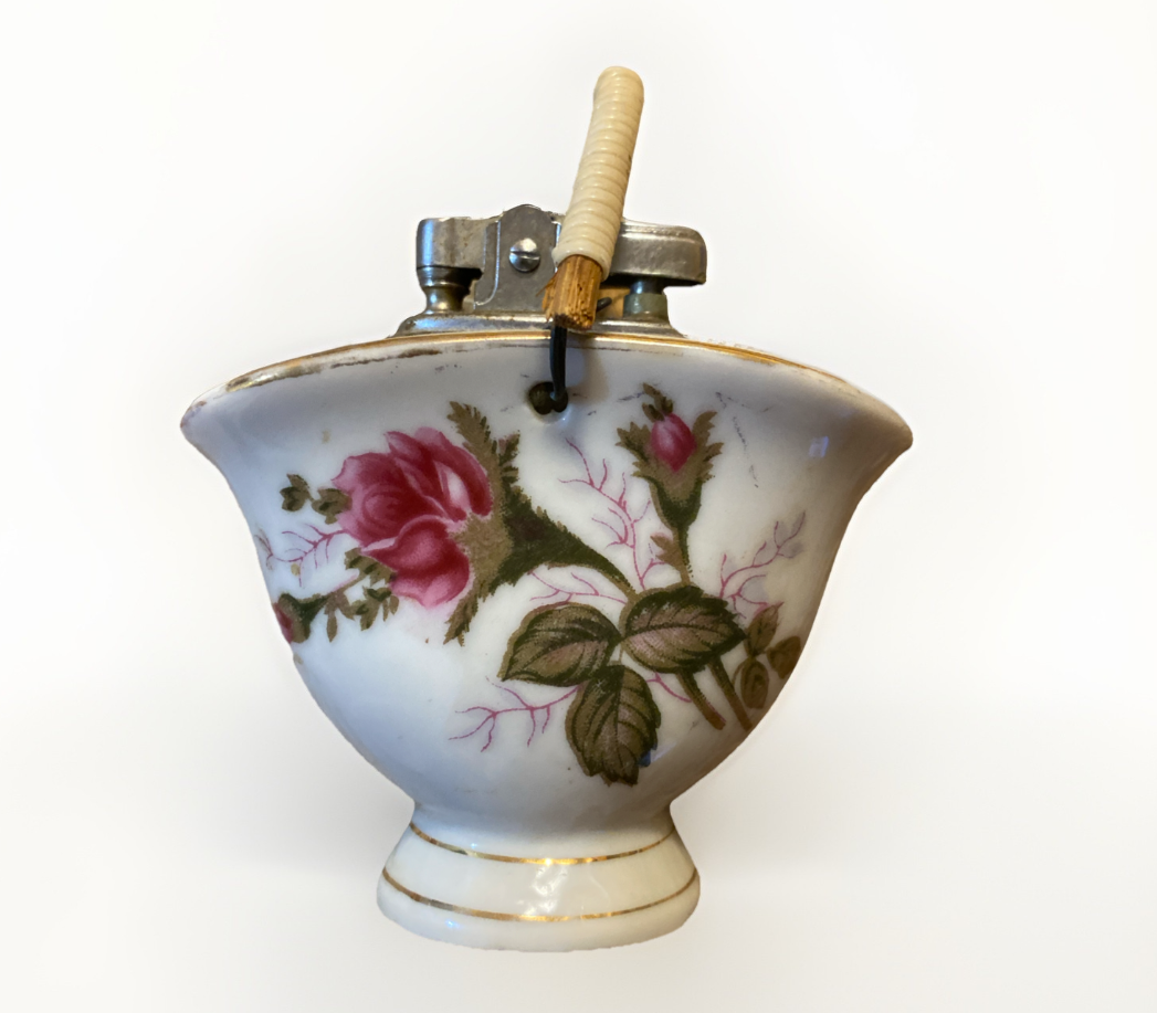 Porcelain Table Lighter, Basket Shape, Faux Wicker Handle, Floral Pattern, Japan